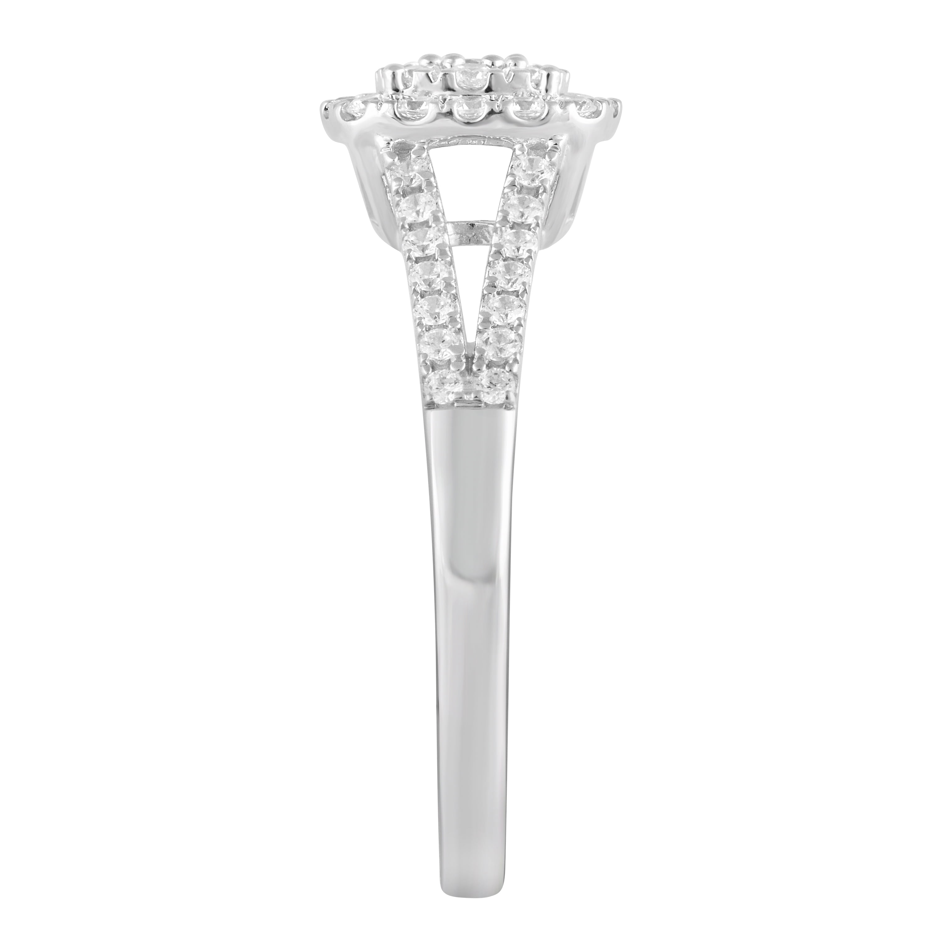 Unique Moments 1/2 Ct Lab-Grown Diamonds Split Shank Halo Ring in Sterling Silver for Women (J-SI-I1)