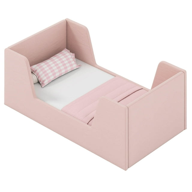 Costway Soft Velvet Fabric Upholstered Children Floor Bed with Safety Rails & Headboard Pink