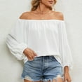 thumbnail image 2 of JGGSPWM Womens Lovely Tops Solid Blouse Off Shoulder Neck Long Sleeve Shirts Elegant Tshirt Tees Lantern Sleeve Ladies Tunic White S, 2 of 9