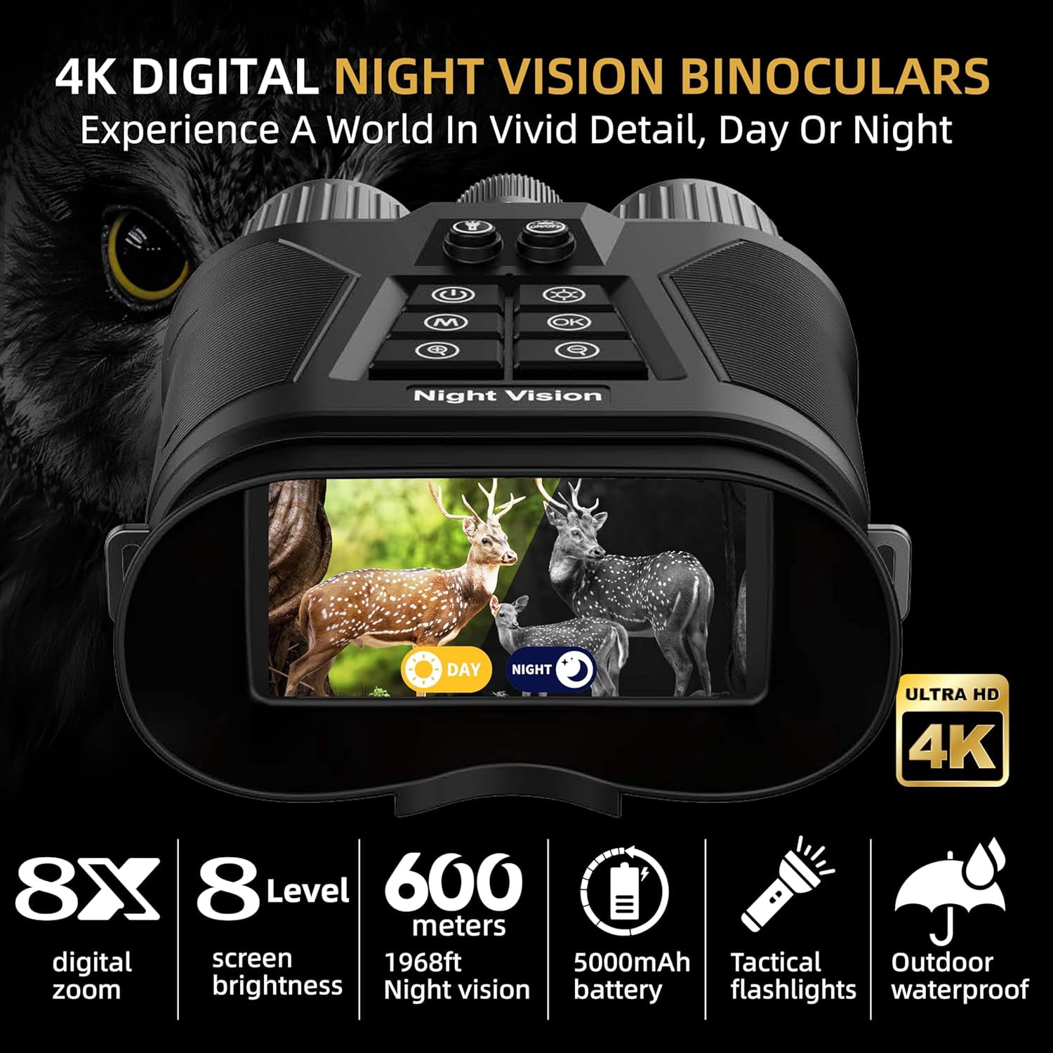 Night Vision Goggles, 4K HD Night Vision Binoculars for Adults, 128GB Card for Photo and Video, 5000mAh Battery, 1968FT and 850nm Infrared Binoculars for Outdoor Enthusiasts and Animal Watchers