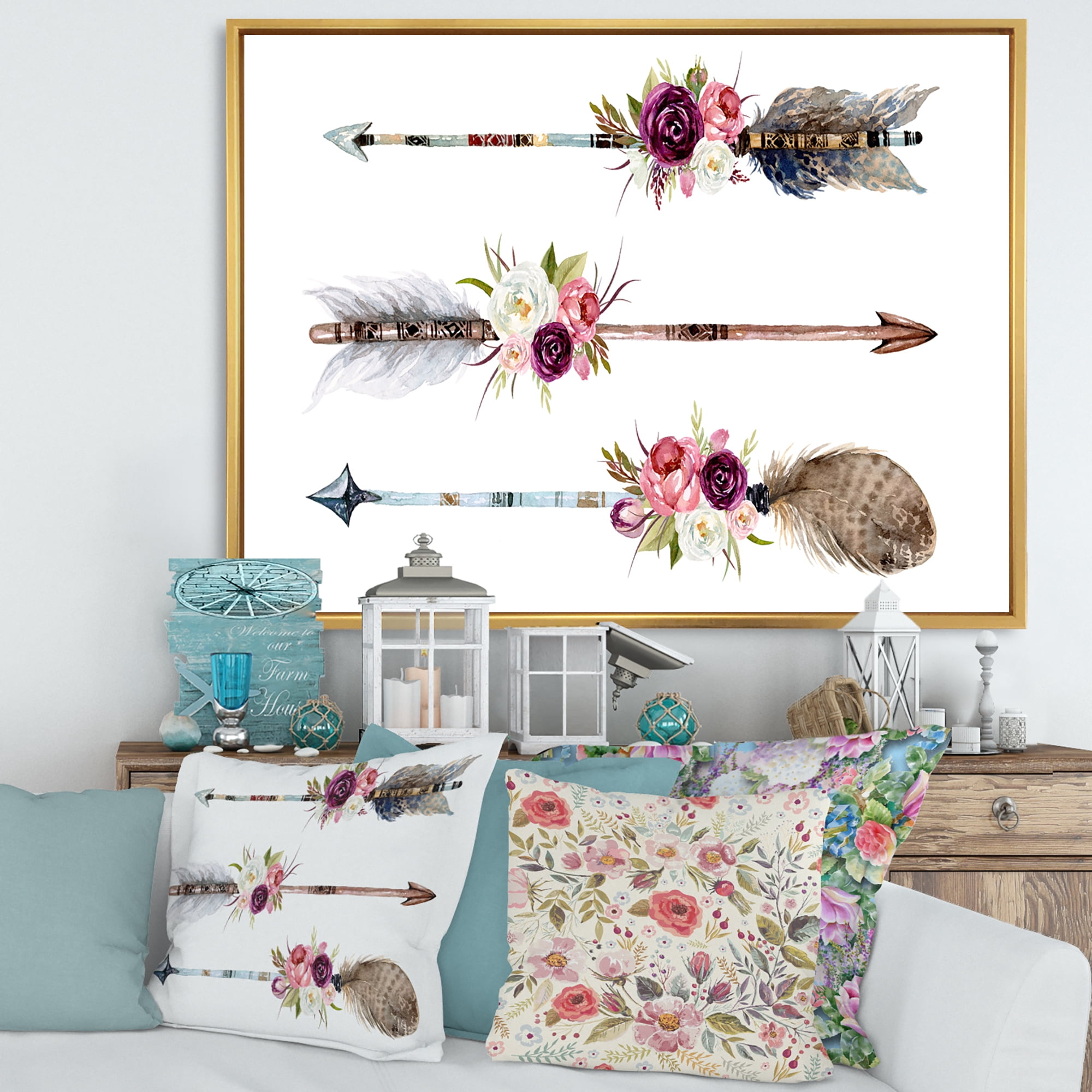 Designart 'Flowers and Ethnic Feathers On Native Arrows III' Bohemian & Eclectic Framed Canvas Wall Art Print
