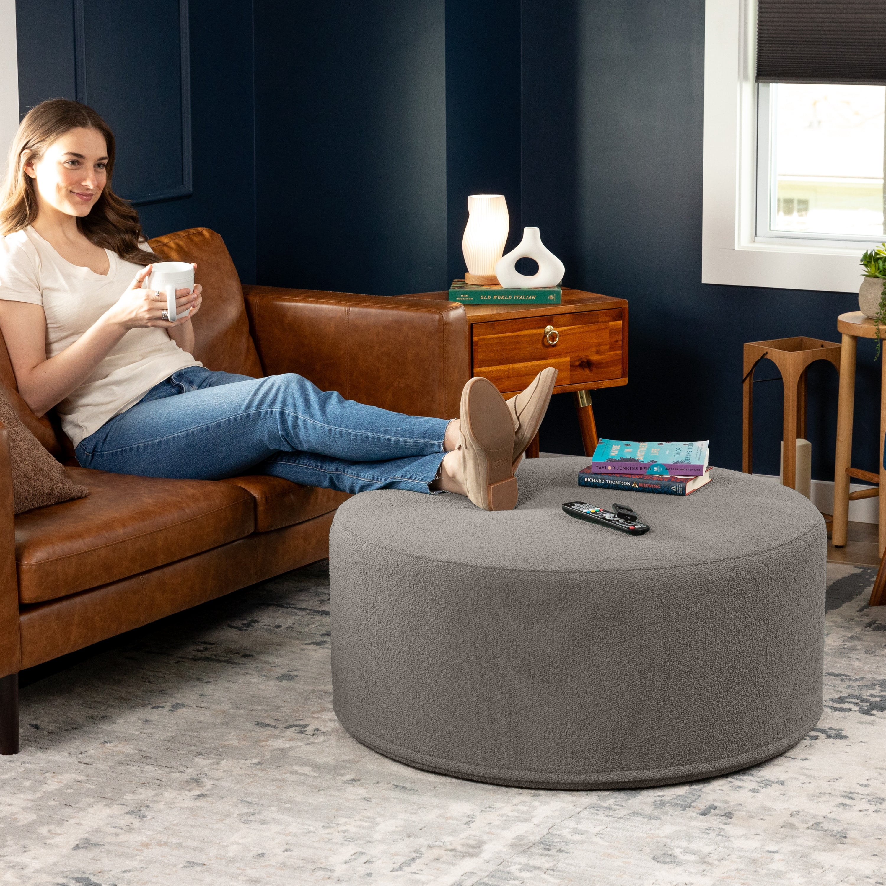 Jaxx Candler Round Coffee Table Ottoman, Large, 36-Inch, Boucle Dark Grey