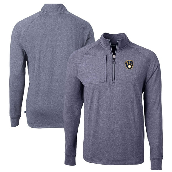 Men's Cutter & Buck Heather Navy Milwaukee Brewers Adapt Eco Knit Stretch Recycled Quarter-Zip Pullover Top