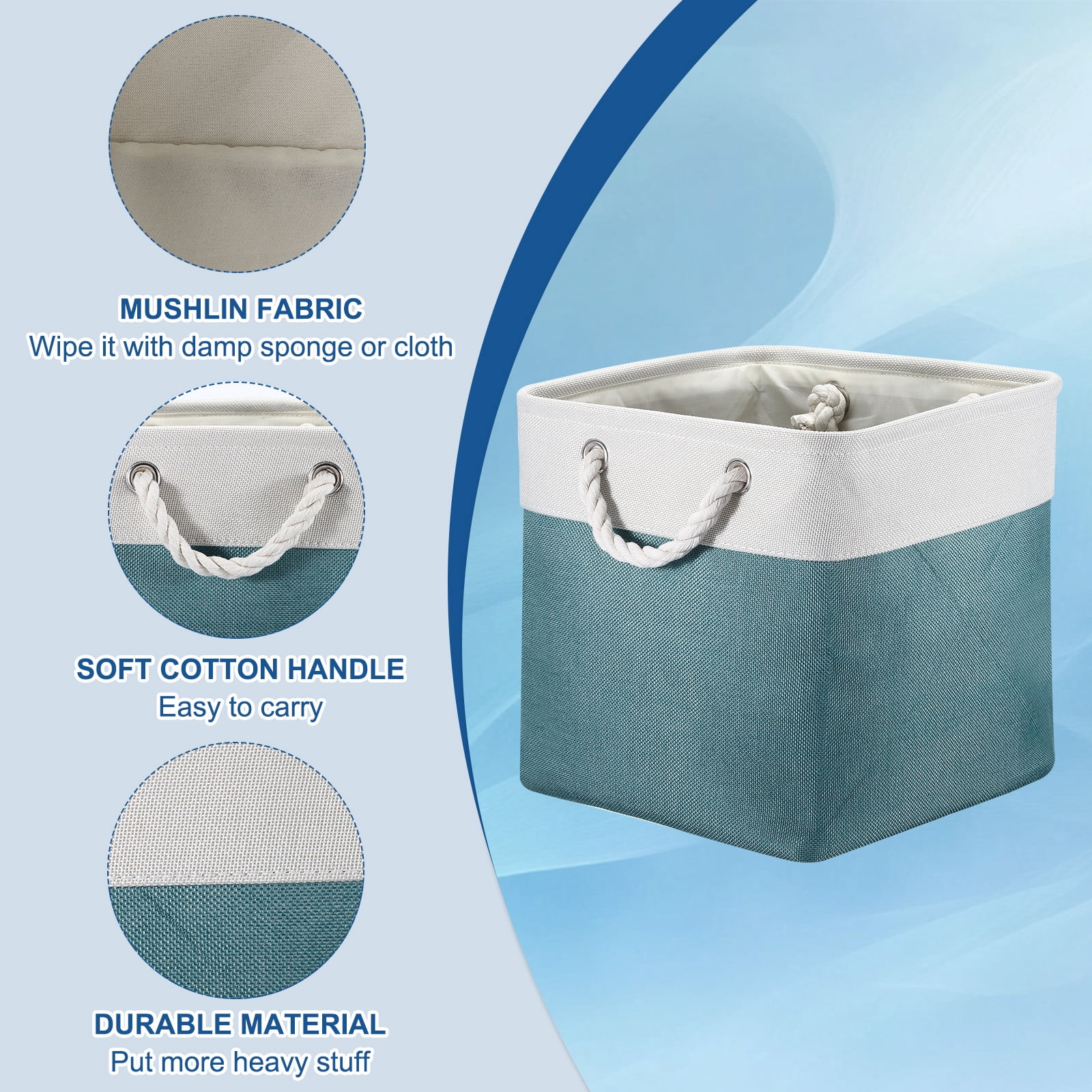Unique Bargains Storage Baskets Fabric Collapsible Cube Basket w Handles White, Light Blue