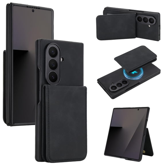 For Samsung Galaxy Z Fold 3 Detachable 2 in 1 Case with Card Holder, Magnetic Wallet Compatible with MagSafe Wireless Charging, Premium PU Leather Flip Cover with Multi-Angle Kickstand, Black