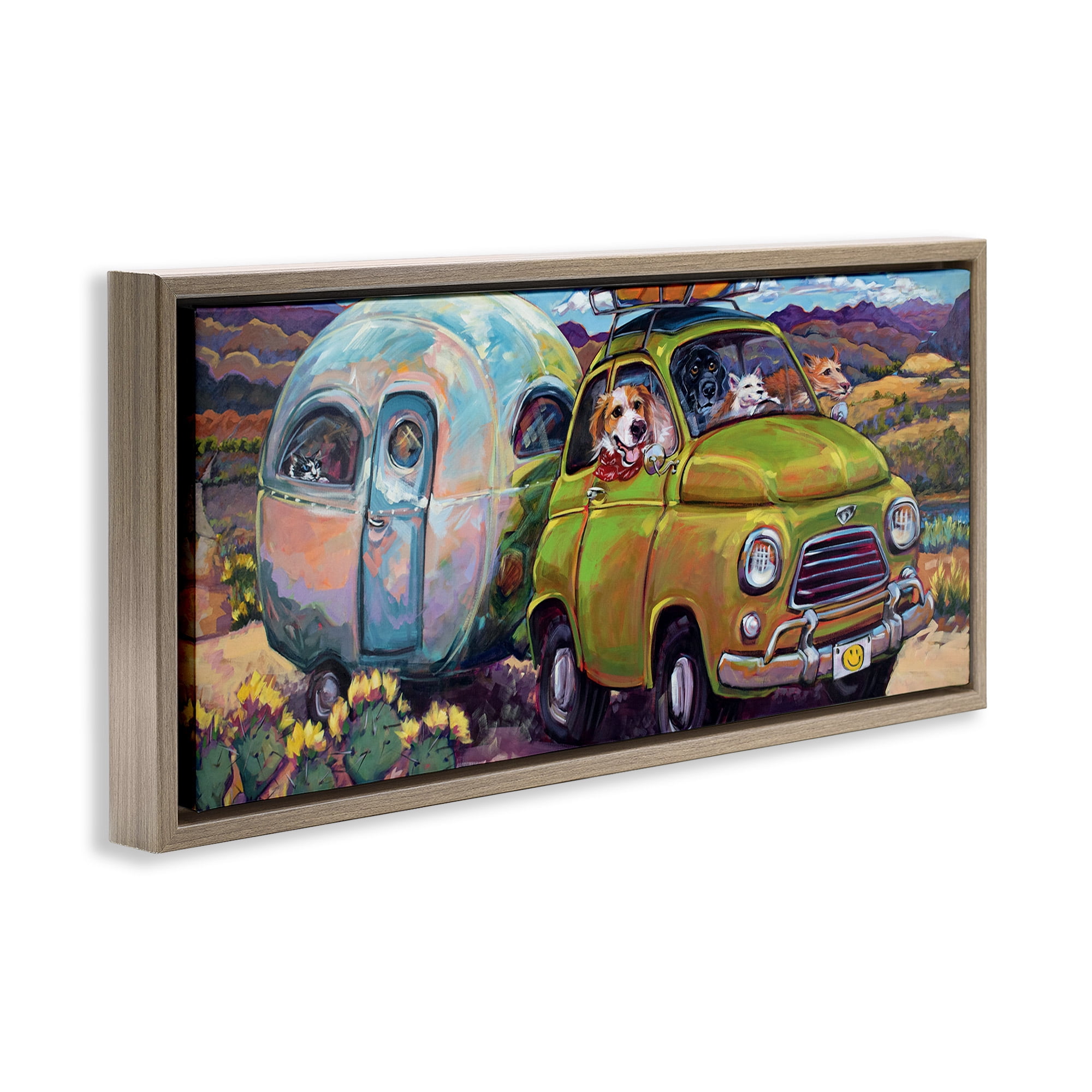 Stupell Industries Dogs Driving Camper Van Animals & Insects Painting Brown Floater Framed Canvas Art Print Wall Art, 31 x 14