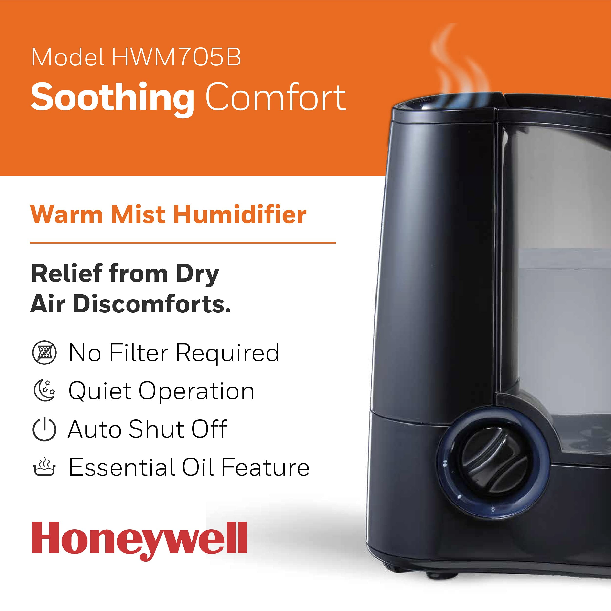 Honeywell Warm Mist Humidifier HWM705B - Filter Free, Warm Mist Vaporizer - Black — Residential Use, Standard Application