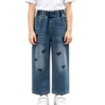 thumbnail image 2 of Spazoro Girls Denim Pants with Pockets, Loose Fit Heart Print Elastic Waist Straight Leg Pull On Sparkling Accents Casual Trousers for Daily Wear Blue Size 2-3T, 2 of 9