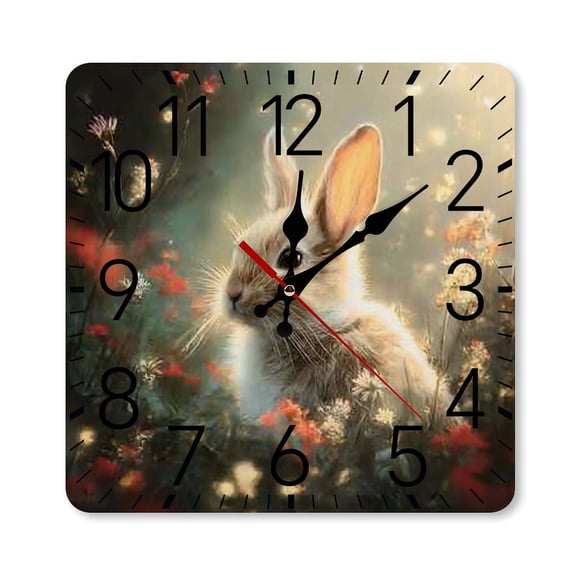 RKSupls 10×10inch Square Silent Wall Clock Wooden Frame, Rabbit Flowers Light Scale Decorative Clock for Home Bedroom Living Room Office