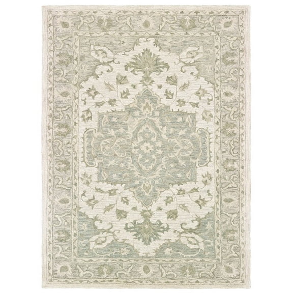 9â€™ x 12â€™ Green and Cream Medallion Area Rug