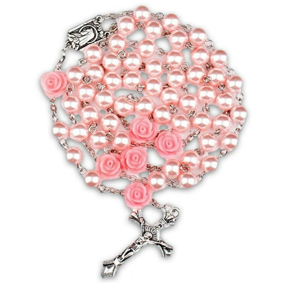 Pink Pearl Beads & Roses Rosary Necklace with Jerusalem Crucifix