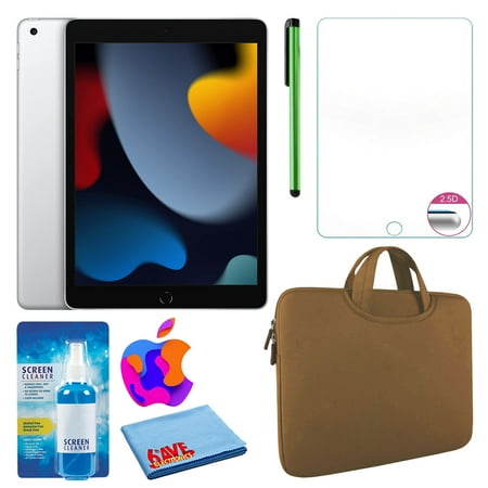 Apple 10.2" iPad (2021, 256GB, Wi-Fi, Silver) (MK2P3LL/A) Bundle with Brown Zipper Sleeve & Screen Protector (New-Open Box)