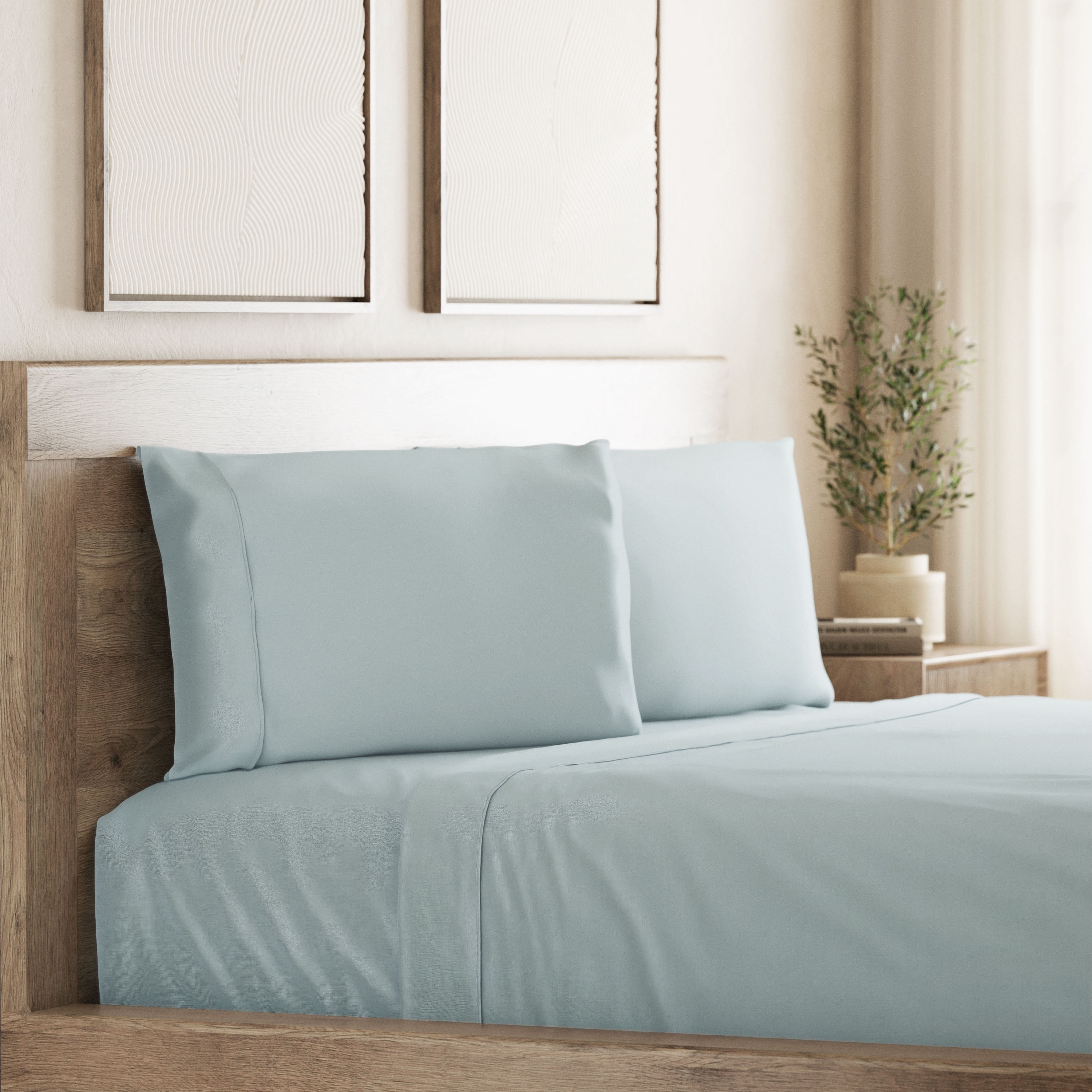 Seed & Stone Recycled Cotton Percale Bed Sheet Set, Soft, with Deep Pockets, King, Blue, 4-Piece