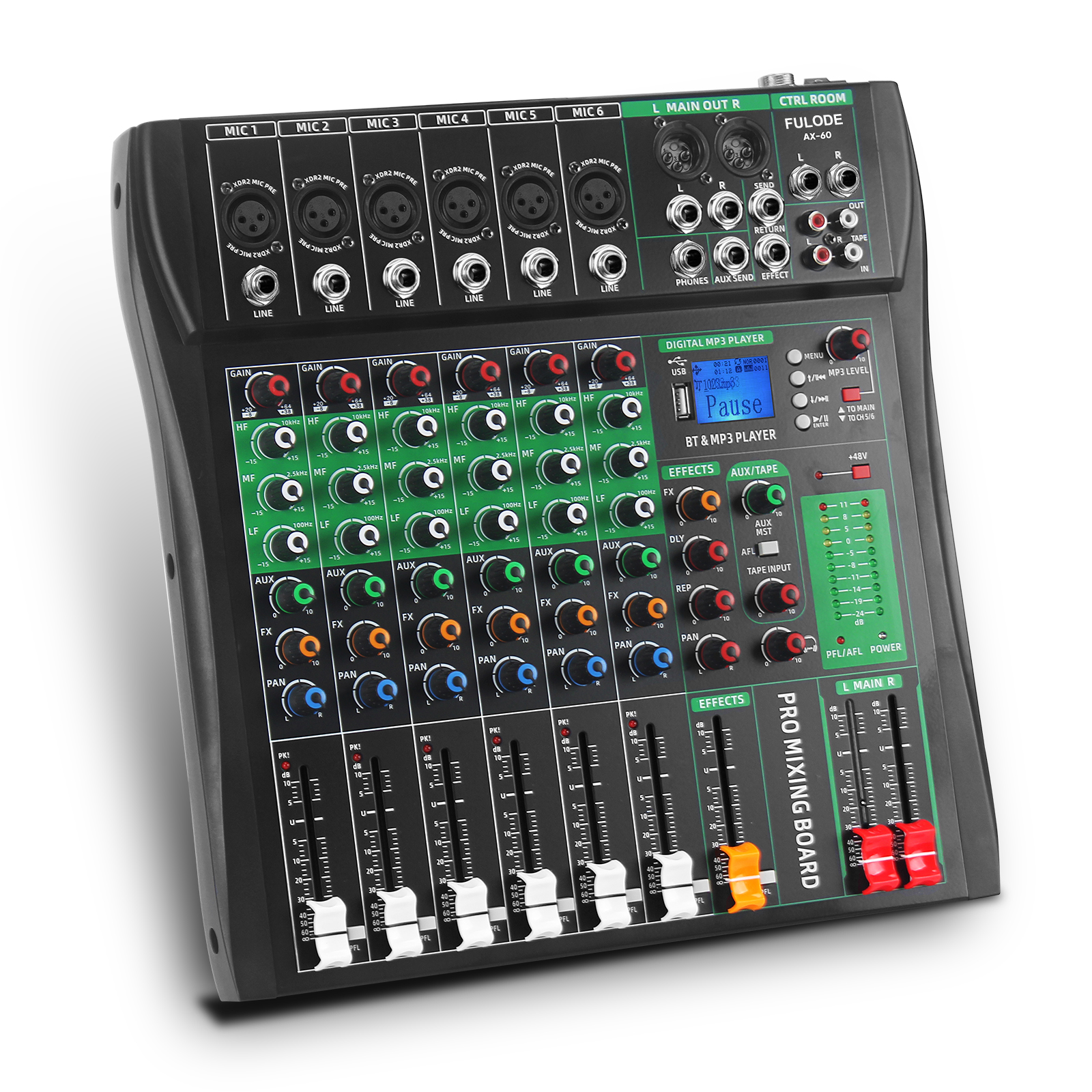 6 Channel Audio Mixer, Professional DJ Mixer Board Sound Music Mixing Console Digital Mixer with Reverb, Bluetooth, USB Port, 48V Phantom Power for Recording Karaoke Podcasting