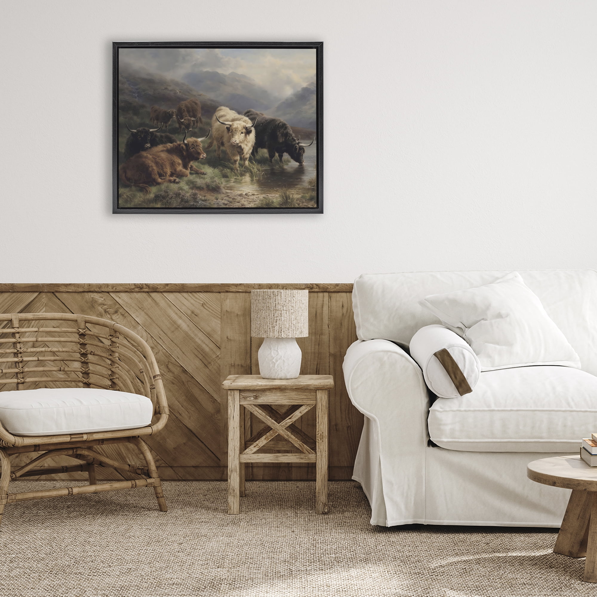 Stupell Industries Highland Cows Beside Misty Loch Black Framed Floater Canvas Wall Art, design by Arlington Prints