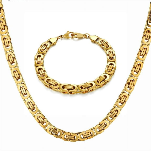 Hip Hop Byzantine Box Chain Set 14K Yellow Gold Jewelry Sets For Men/Women Hot Sale RU Necklace & Bracelet