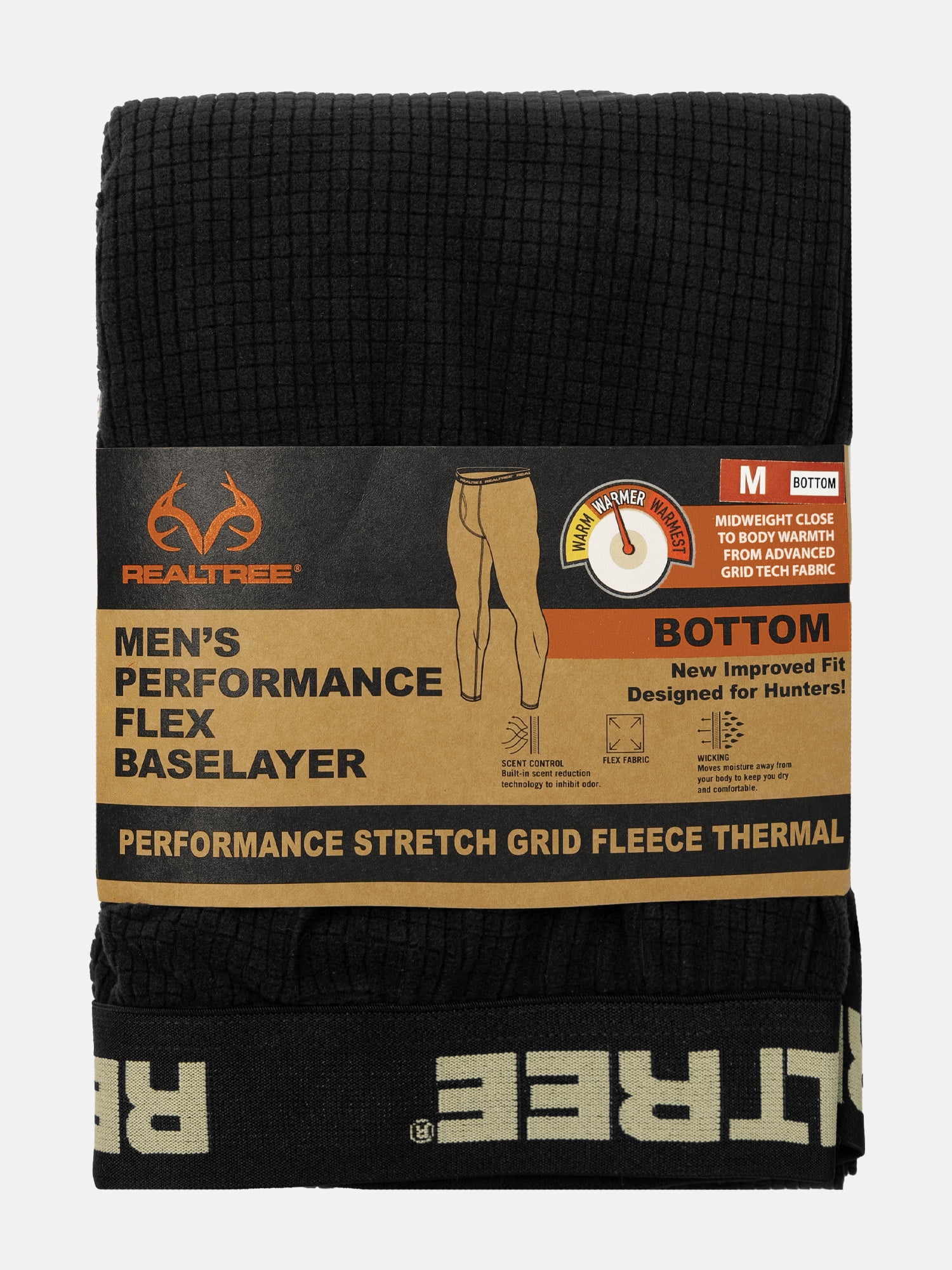 Realtree Men's Waffle Grid Fleece Base Layer Thermal Bottom, Black, XL