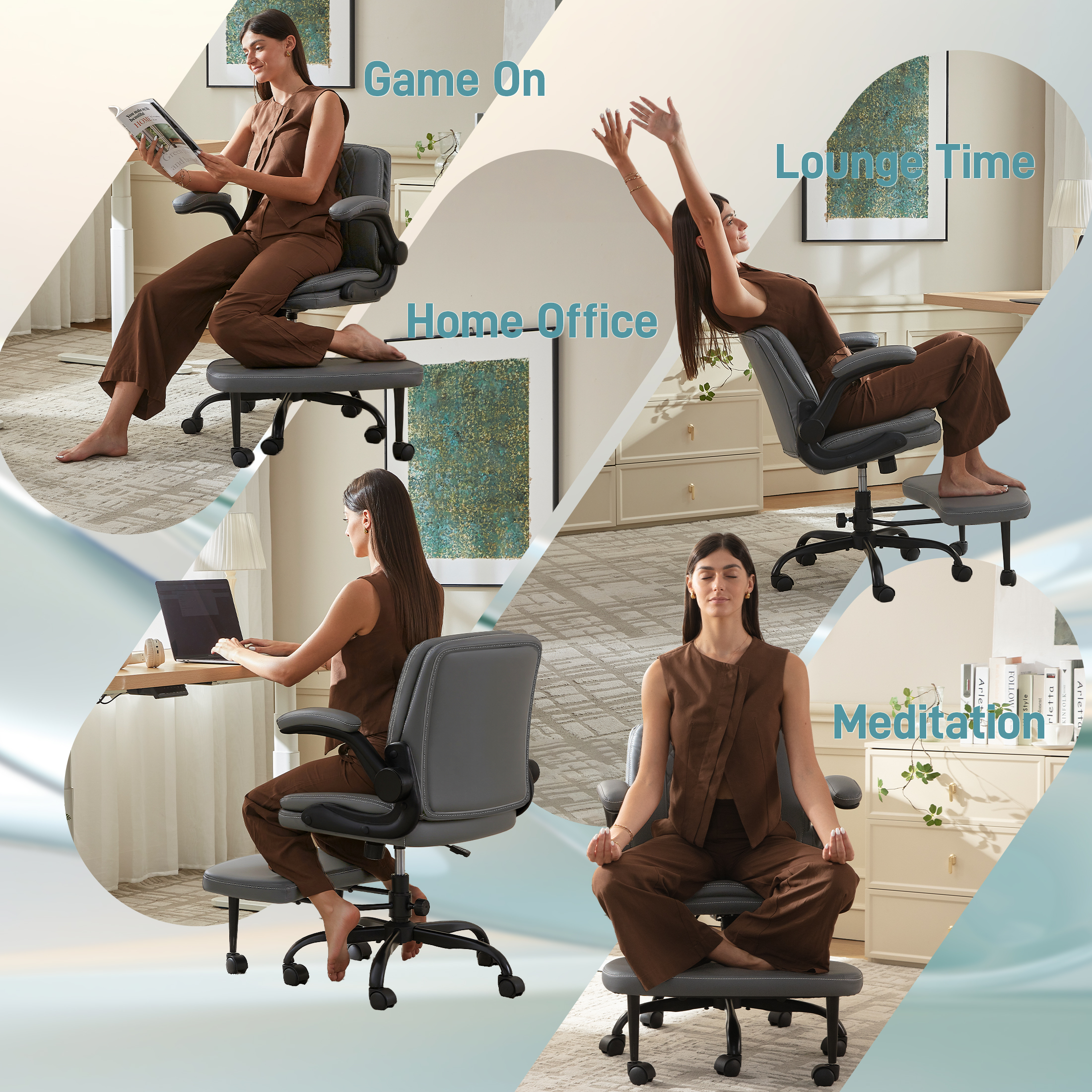 Dhole High Back Ergonomic Office Chair - Adjustable Swivel Chair with Lumbar Support, Flip-Up Arms, Retractable Footrest & Brown Diamond PU Leather for Home Office Desk-Gray