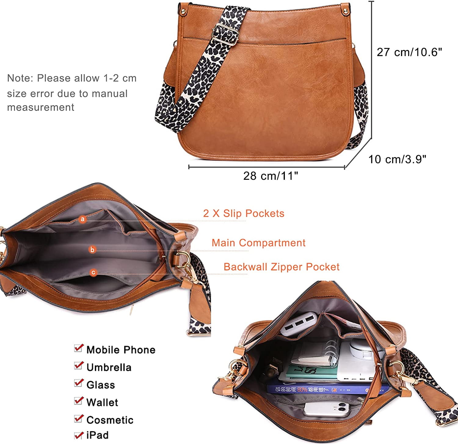 Women Shoulder Bag Vintage Crossbody Purse Handbag with Leopard Guitar Strap Hobo Satchel Bag