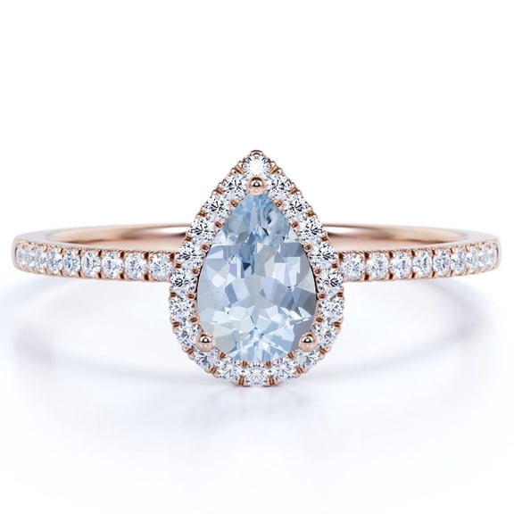 JeenMata 1 Carat Pear Shaped Created Aquamarine Halo Wedding Ring in 18k Rose Gold over Silver