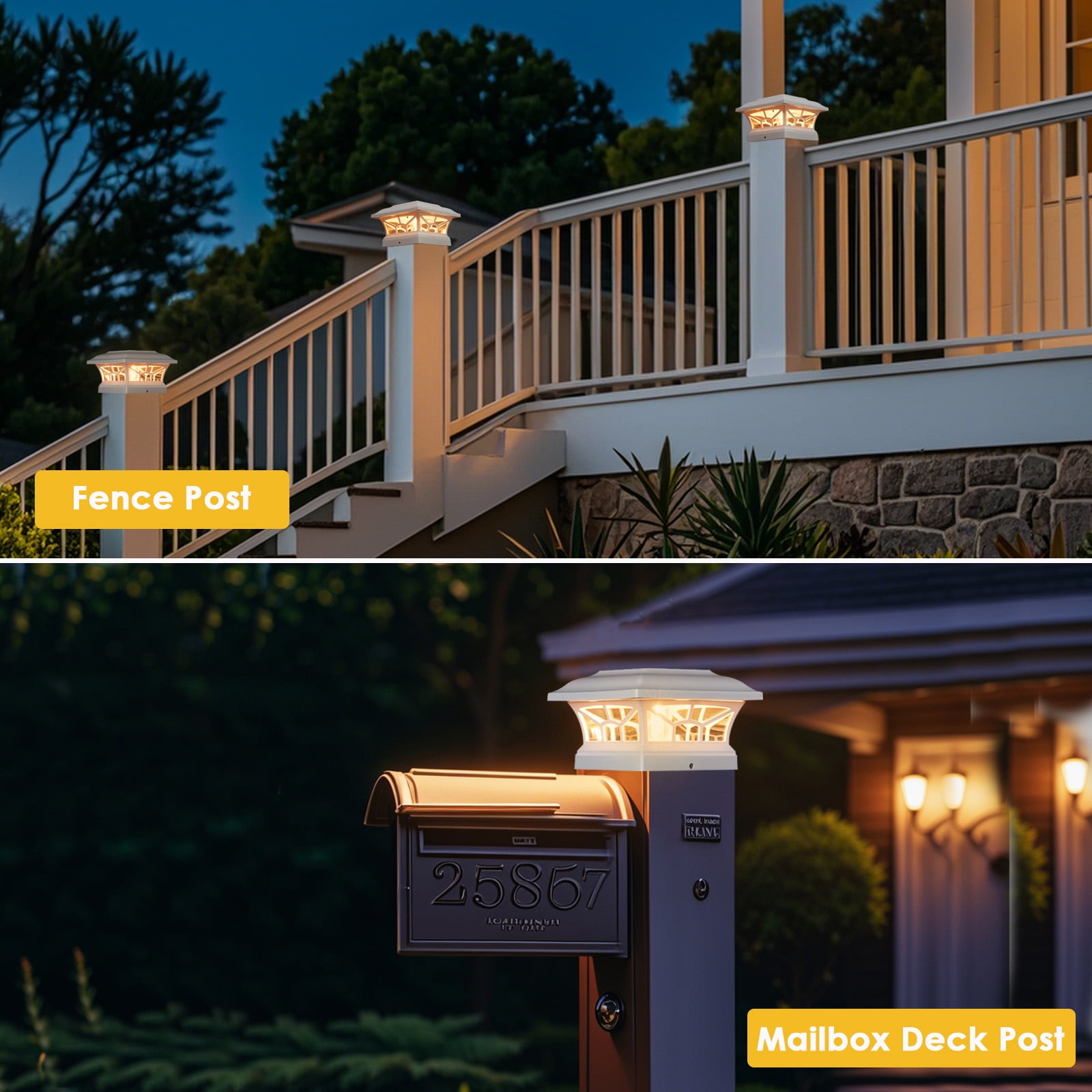 Solar Lights for Fence Post Cap Outdoor Deck 6 Pack for 4x4/5x5/6x6 Wooden/Vinyl Posts Two Light Modes LED Warm/Cool White Decor for Garden Patio. (White, 6)