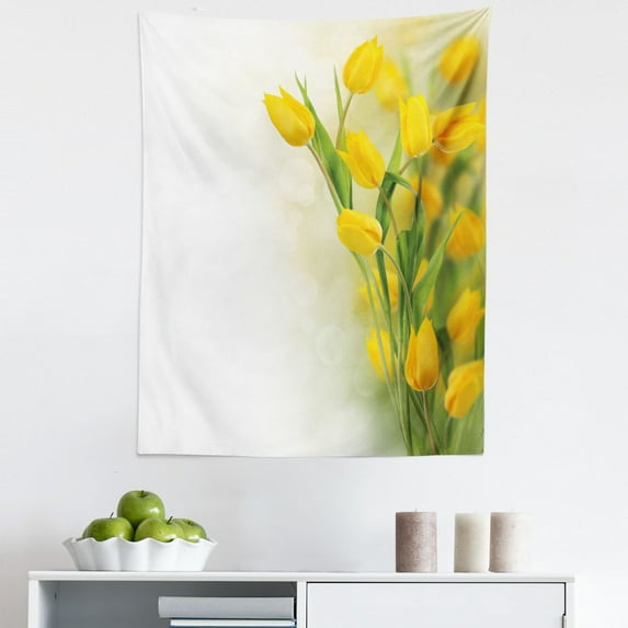 Yellow Flower Tapestry, Romantic Tulip Bouquet Famous Plant of Netherlands Botanical Theme, Fabric Wall Hanging Decor for Bedroom Living Room Dorm, 5 Sizes, Mustard Fern Green, by Ambesonne