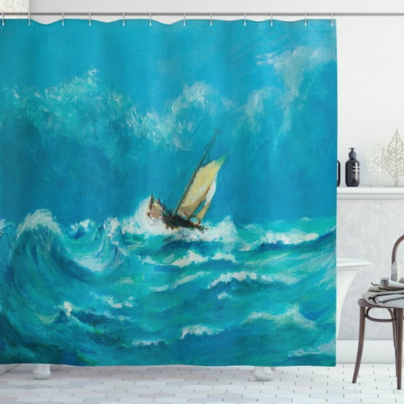 Sailboat Shower Curtain, Oil Painting Style Lonely Sailing Ship Struggling in Stormy Weather, Fabric Bathroom Set with Hooks, 69W X 70L Inches, Blue Baby Blue Cream, by Ambesonne