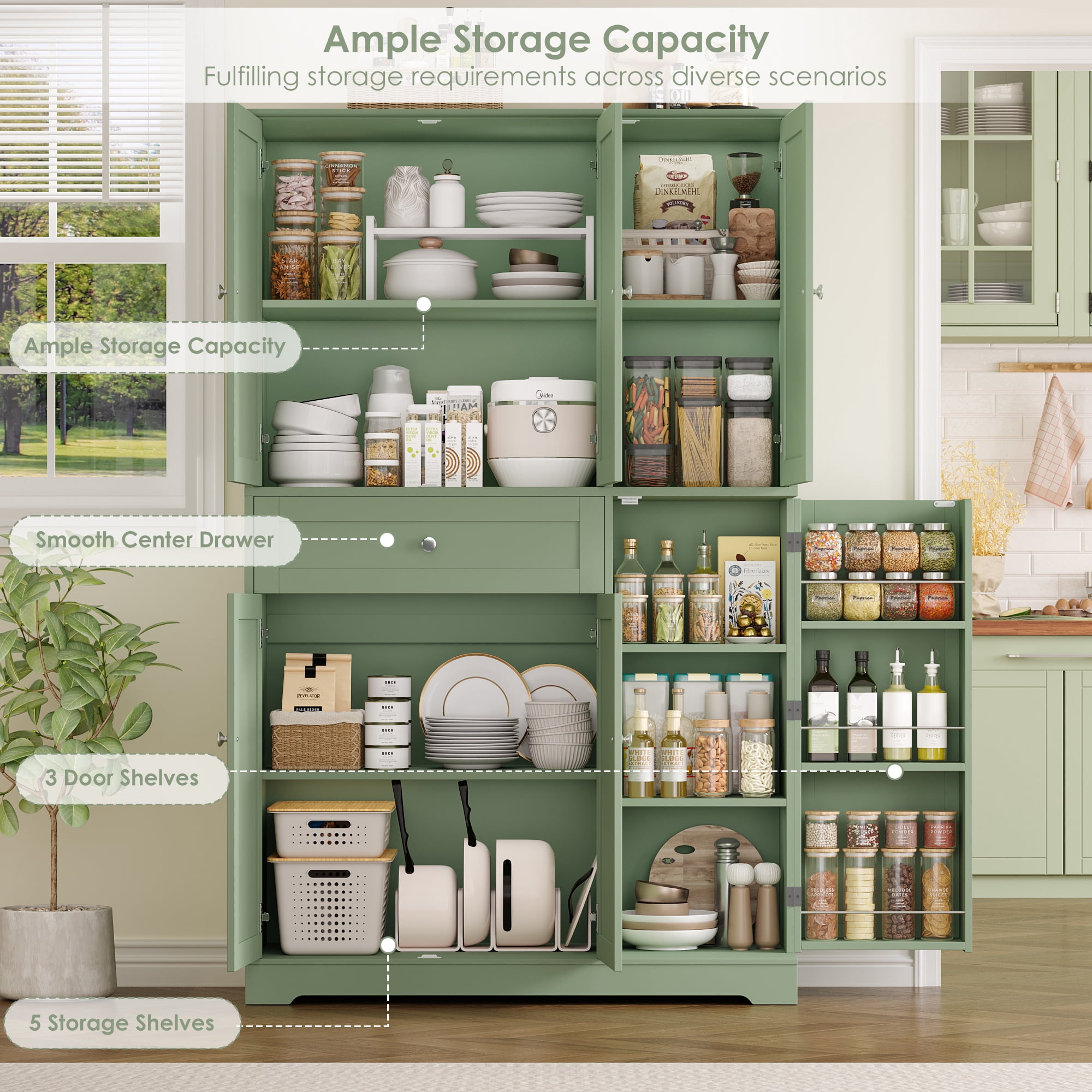 Homfa Kitchen Pantry Storage Cabinet, 68" Food Pantry Cabinet with Drawer and Door Shelf, 6 Door Freestanding Cupboard Buffet for Dining Room, Green