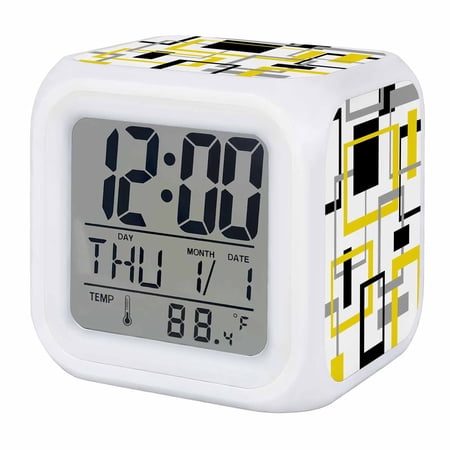 Yellow Black Geometric Digital Alarm Clock for Bedrooms, Smart LED Alarm Clock with 7 Color Changing Night Light, Modern Simple Abstract Art Silent Wake Up Clocks for Sleep Study Cooking 3.2x3.2