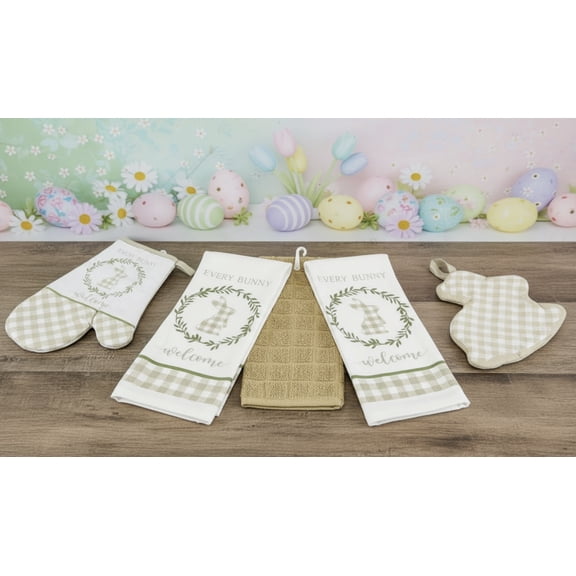 Serafina Home Easter Spring Kitchen Dish Towels Pot Holders Mitt Set: Sketched Brown Bunny with Flowers