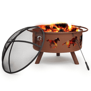 Magshion 32" Round Outdoor Fire Pit, Wood Burning Firepit Fireplace with Animals Pattern, Poker & Spark Screen for Patio Backyard, Brown