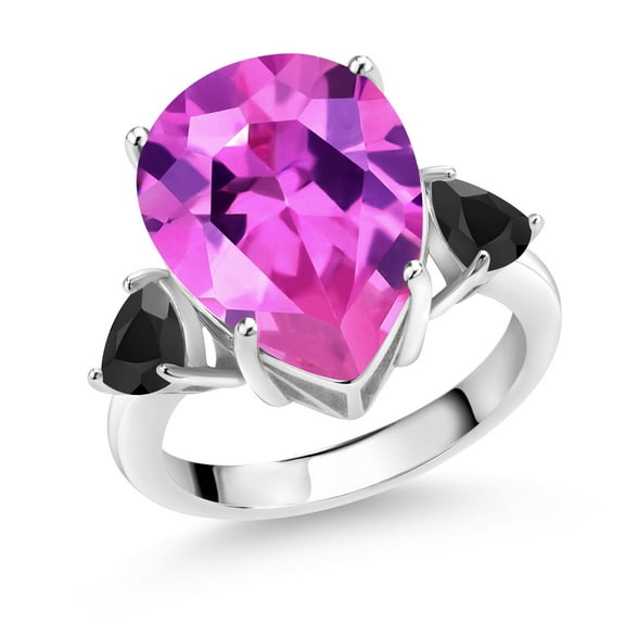 Gem Stone King 11.42 Ct Pear Shape Pink Created Sapphire Black Onyx 925 Sterling Silver Ring (Size 9)