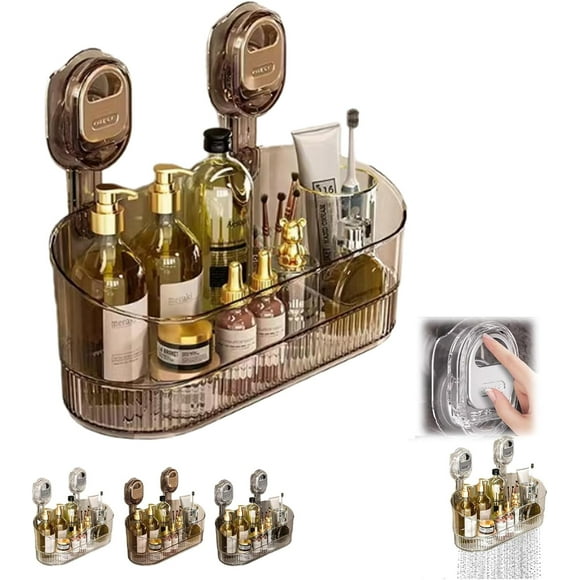 No-Drill Bathroom Suction Storage Box, Hanging No Drill Clear Wall Caddy, Powerful Suction Storage Box, Large Capacity Plastic Shower Caddy Portable (Gold)