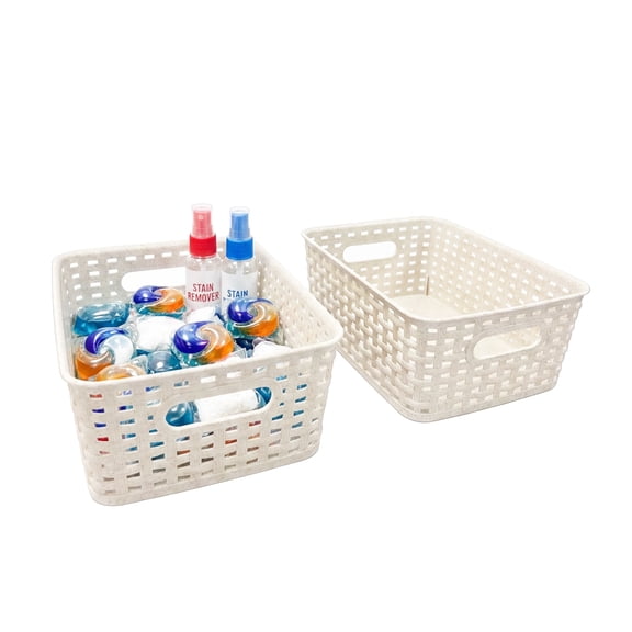 Small Wheat Woven Textured Plastic Storage Tote Bin with Handles, Decorative Organizer Basket, 2-Pack