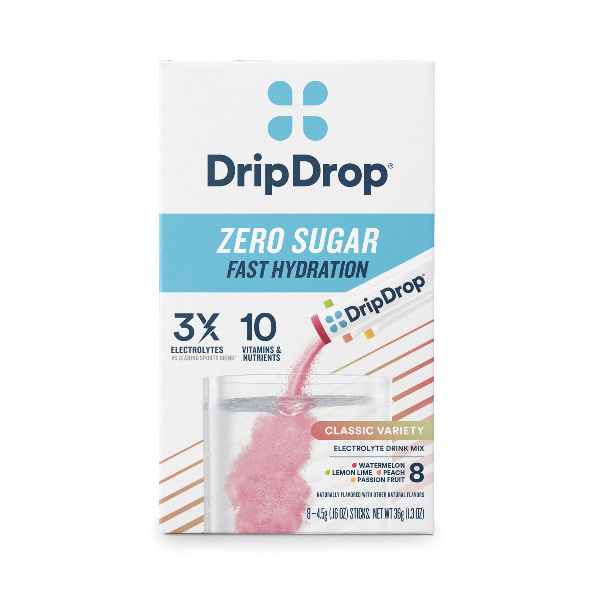 (8 pack) DripDrop Zero Sugar Fast Hydration - Watermelon, Lemon Lime, Peach, and Passion Fruit Electrolyte Powder Drink Mix, 8 Count