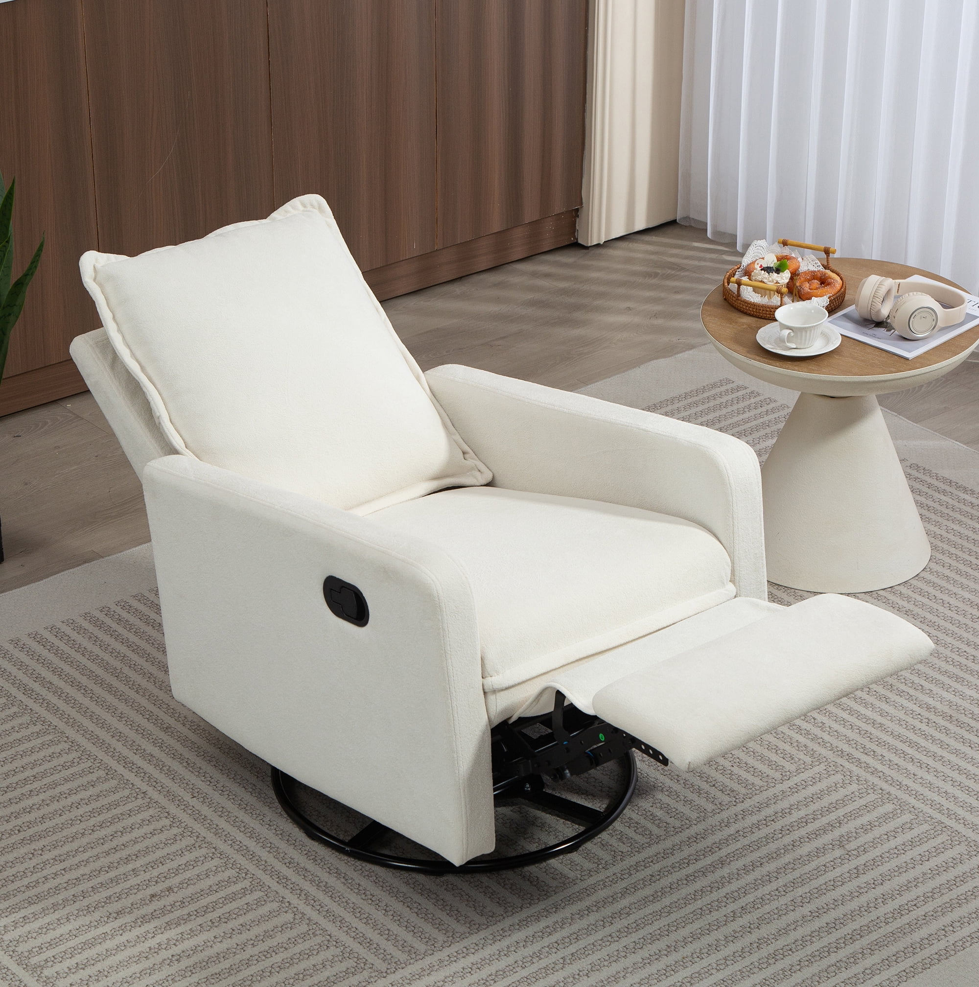 Leumius Swivel Rocking Chair,Manual Upholstered Glider Recliner Rocking Chair for Nursery and Living Room,White