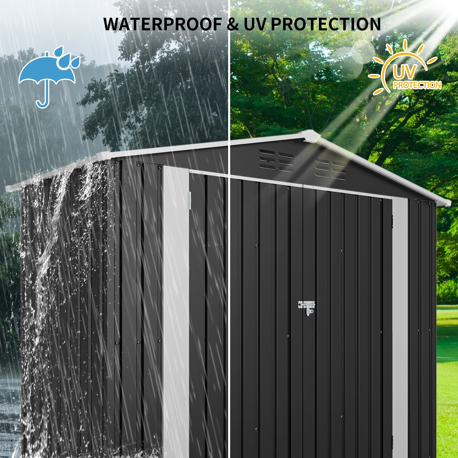 Mintazer 4x8ft Galvanized Steel Outdoor Storage Shed, Metal Garden Tool Storage Building with Vents & 3 Door, Backyard Utility Storage Cabinet for Bikes Patio