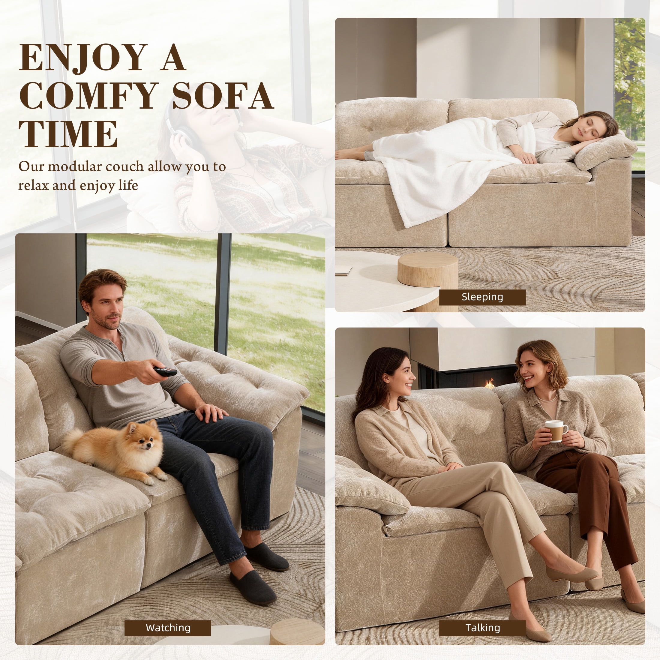 Aukfa 3-Piece Cloud Modular Sectional Sofa for Living Room, Ice Flower Chenille, Tan