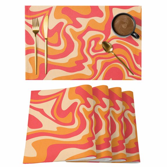 Pink Abstract Placemats Set of 8, Modern Geometric Distortion Texture Fluid Art Placemats for Dining Table, Place Mats for Kitchen Tabletop, Waterproof Wipeable Dining Table Mats Set