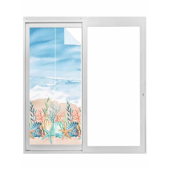 Summer Nautical Window Privacy Film, Coastal Beach Starfish Coral Shell Blue Static Cling UV Sun Blocking Tint Film Heat Control Windows Films for Bedroom Bathroom, Window Stickers 35.4"x78.7"