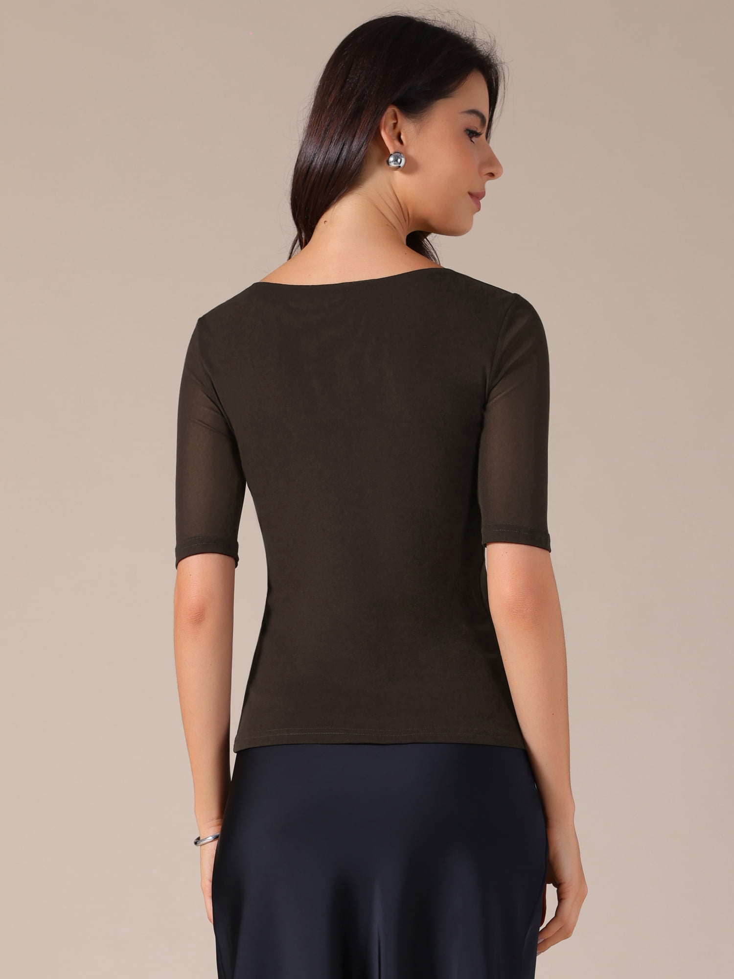 DARING DIVA Women's Half Sleeves Solid Color Stretchy Slim Fit T-Shirts L Coffee