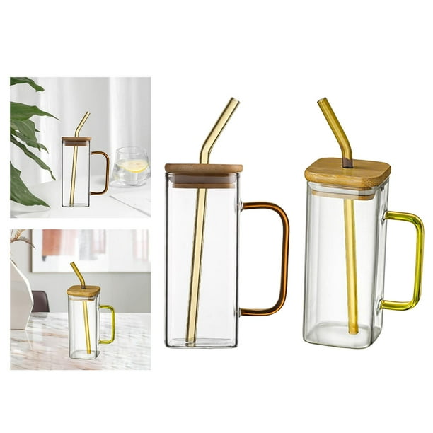 Taza cuadrada,Vaso de vidrio cuadrado 400ml Vasos de vidrio para beber, Tapas y Mango para Pajitas,Botella de vidrio para beber Vasos transparentes,Taza de té transparente Estilo E BLESIY Taza cuadrada