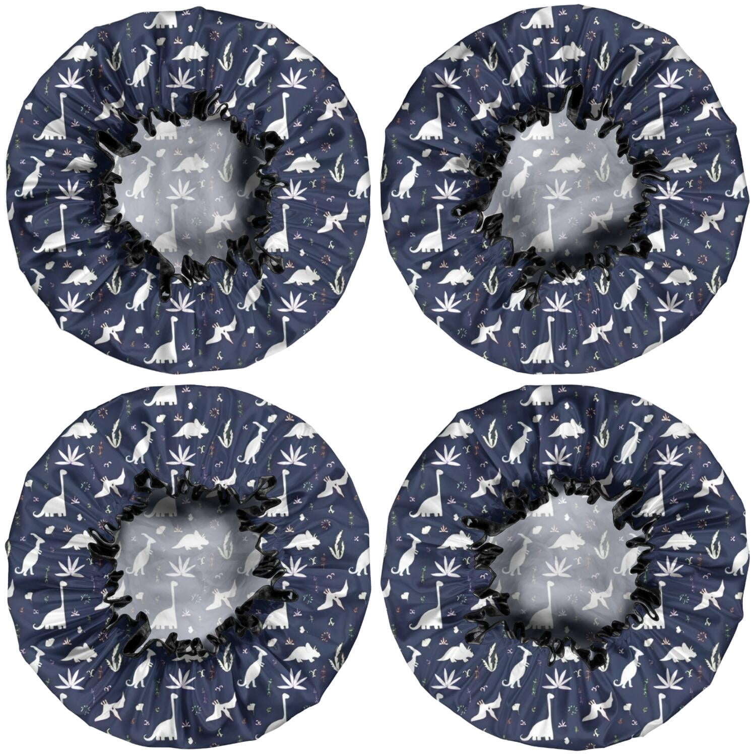 Shower Caps,DarkBlue White Dinosaurs Plants Pattern Waterproof Shower Cap for Women 4 Pieces,Double Reusable Hair Cover for Shower PEVA Elastic Stretch Hem