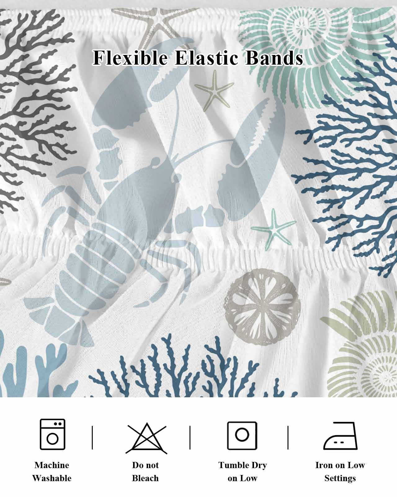 Blue Beige Coastal Wrap Around Bed Skirts for King Bed 18" Drop, Bed Skirt with Adjustable Elastic Belt Dust Ruffle Bed Valance for Bedroom Hotel Luxury Summer Lobster Coral Nautical Bed Frame Cover