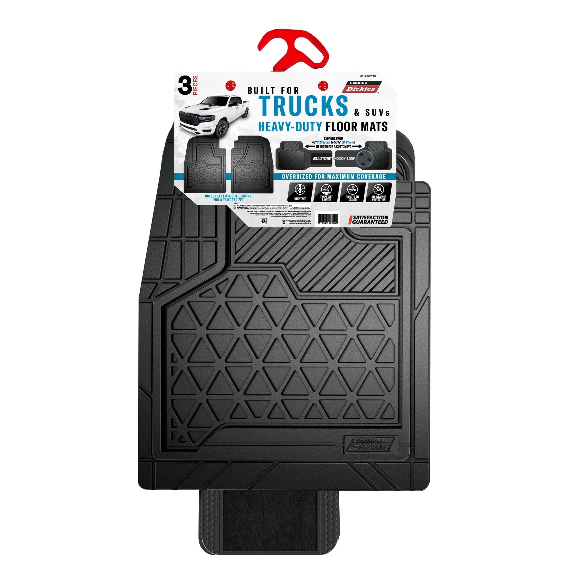 Genuine Dickies 3 Piece Rubber Floor Mat Set Adjustable Rear Mats Black, 88100WDI