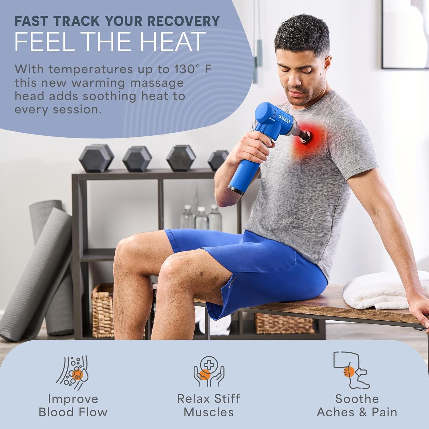 LifePro Sonic LX Massage Gun – Heated Deep Tissue Handheld Massager Gun for Muscle Recovery with 10 Heads, 9 Speeds – Portable Percussion Massager for Athletes - Blue