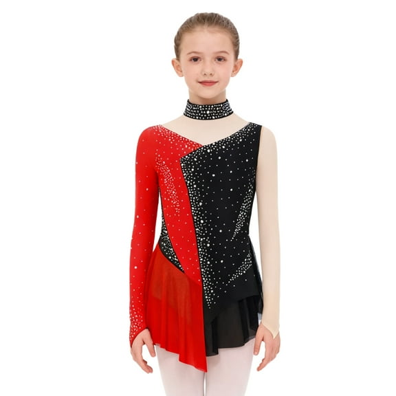 Miutii Kids Girls Sparkly Rhinestone Figure Ice Skating Dress Long Sleeve Ballet Dance Gymnastics Skirted Leotard Red 12
