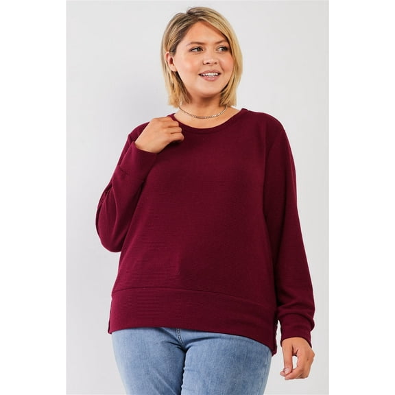 Plus Wine Red Ribbed Round Neck Long Balloon Sleeve Button Trim Top