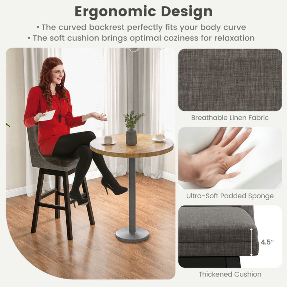 Demi Bonn Set of 2 360° Swivel Bar Stool with Rubber Wood Legs Footrest, Modern Dining Chair with Backrests, Gray