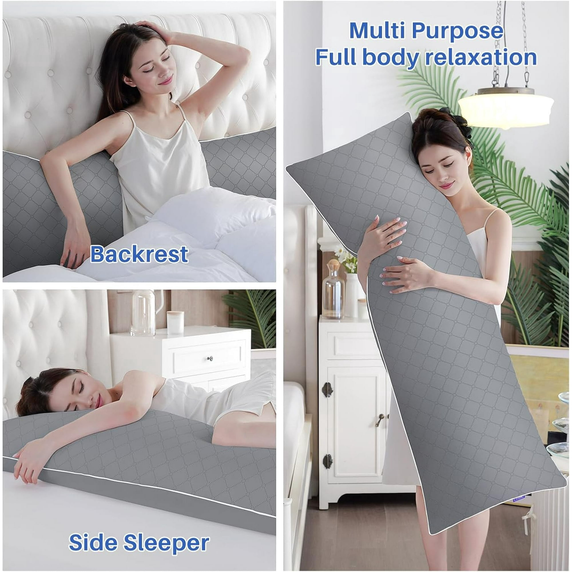 Galenzoov 20x54 Long Body Pillow for Adults - Firm Body Pillow Insert with Shredded White Memory Foam, Soft Support for Side Sleeping, Pregnant Women, Washable Grey